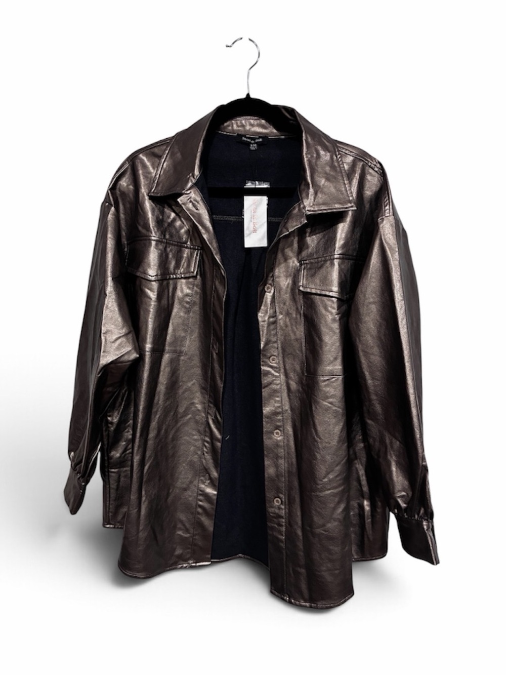 Strut & Bolt Metallic Charcoal Button-Up faux leather Jacket NWT
